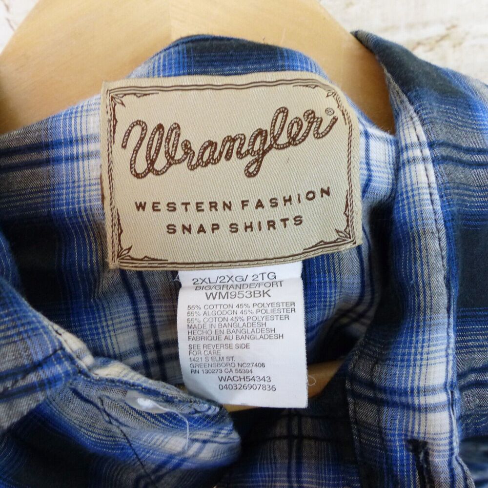 Wrangler Western Shirt Men 2XL Blue Plaid Sawtooth Pocket Pearl Snap Long Sleeve - Picture 8 of 12